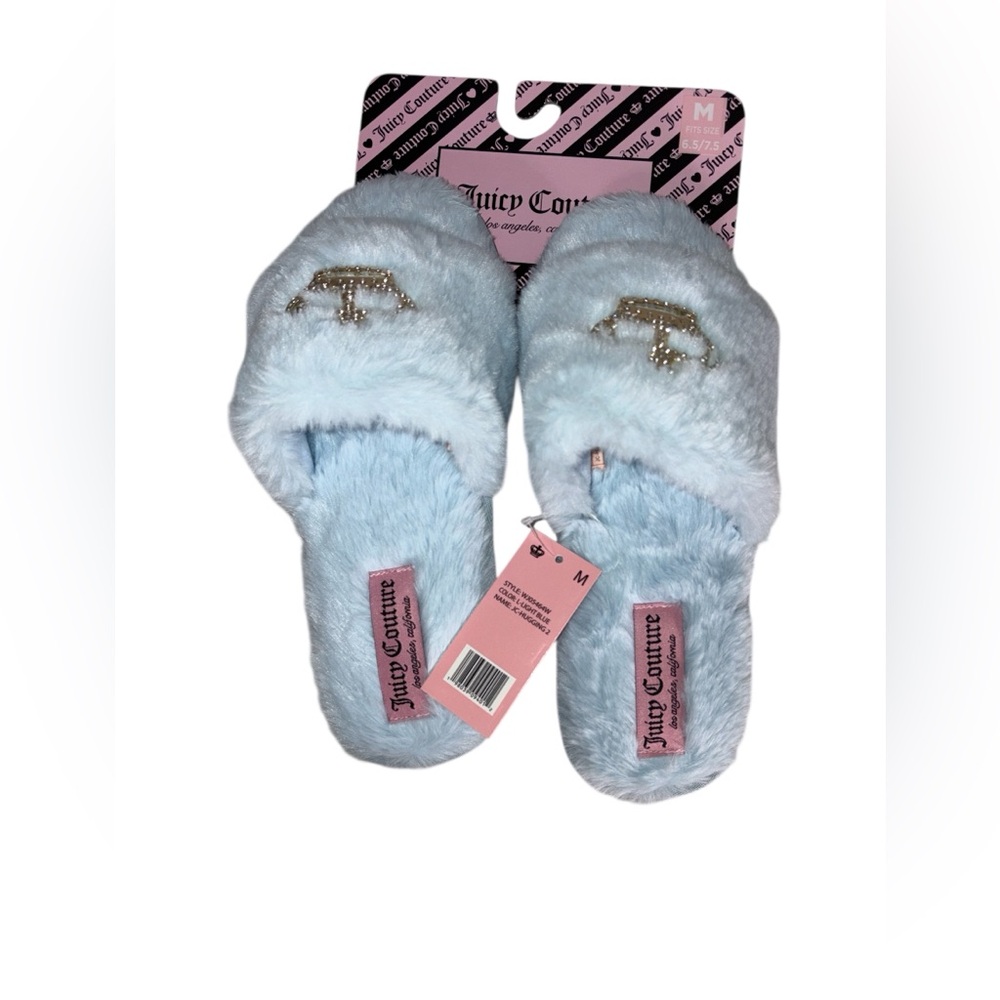 NWT Juicy Couture Slide Slippers Faux Fur Blue Silver Crown Women Size M 6.5-7.5 - Picture 5 of 9